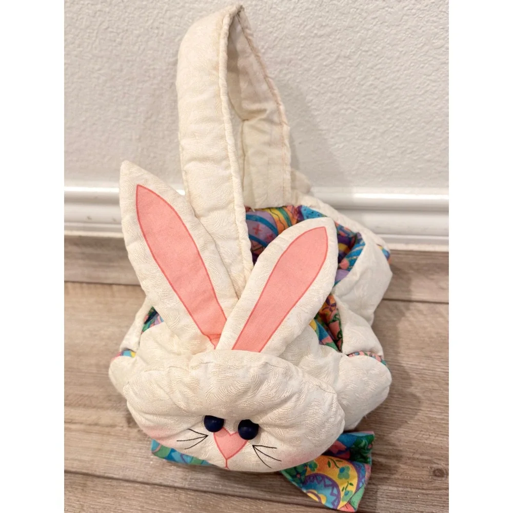 Vintage Plush Easter Bunny Basket Quilted Fabric Cream Multi Color Bow Tie